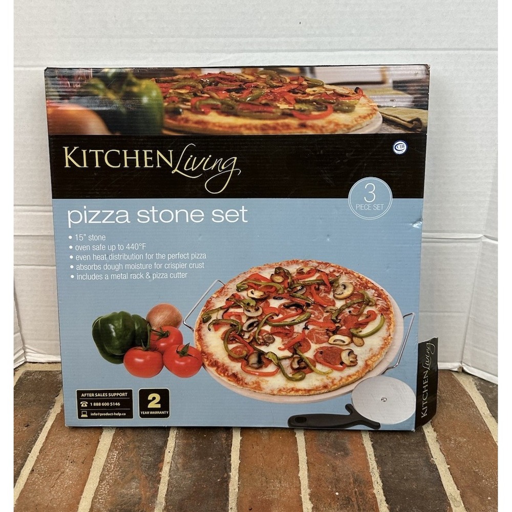 Pizza Stone Set Three Piece 15" Stone, Metal Rack & Cutter By Kitchen Living